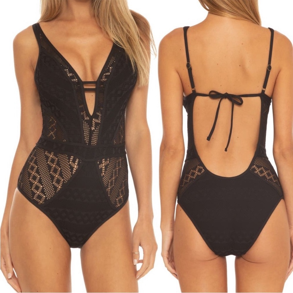 Becca color play deep plunge swim suit.